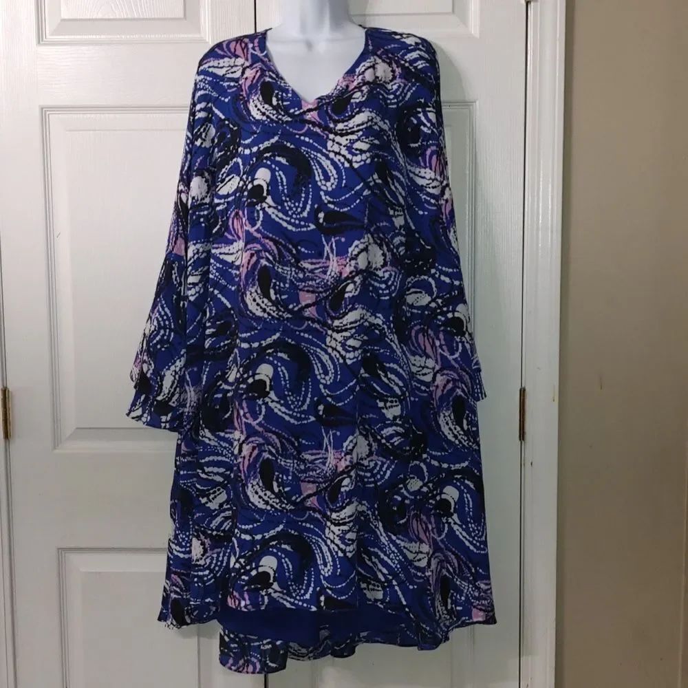 Lane Bryant multicolor Retro Flounce Bell Sleeve Dress Sz 28
